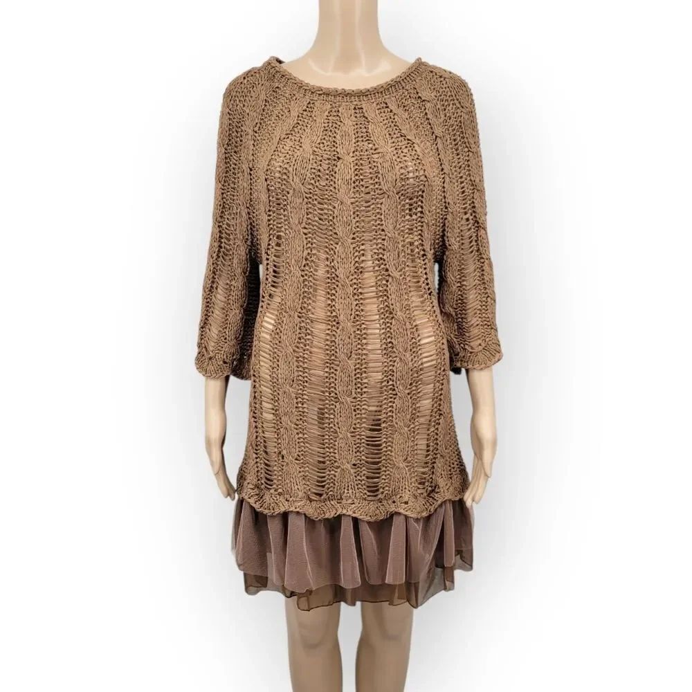 Pretty Angel Linen Blnd Brown Loose Knit Drop Waist Ruffle Dress Fairycore Boho